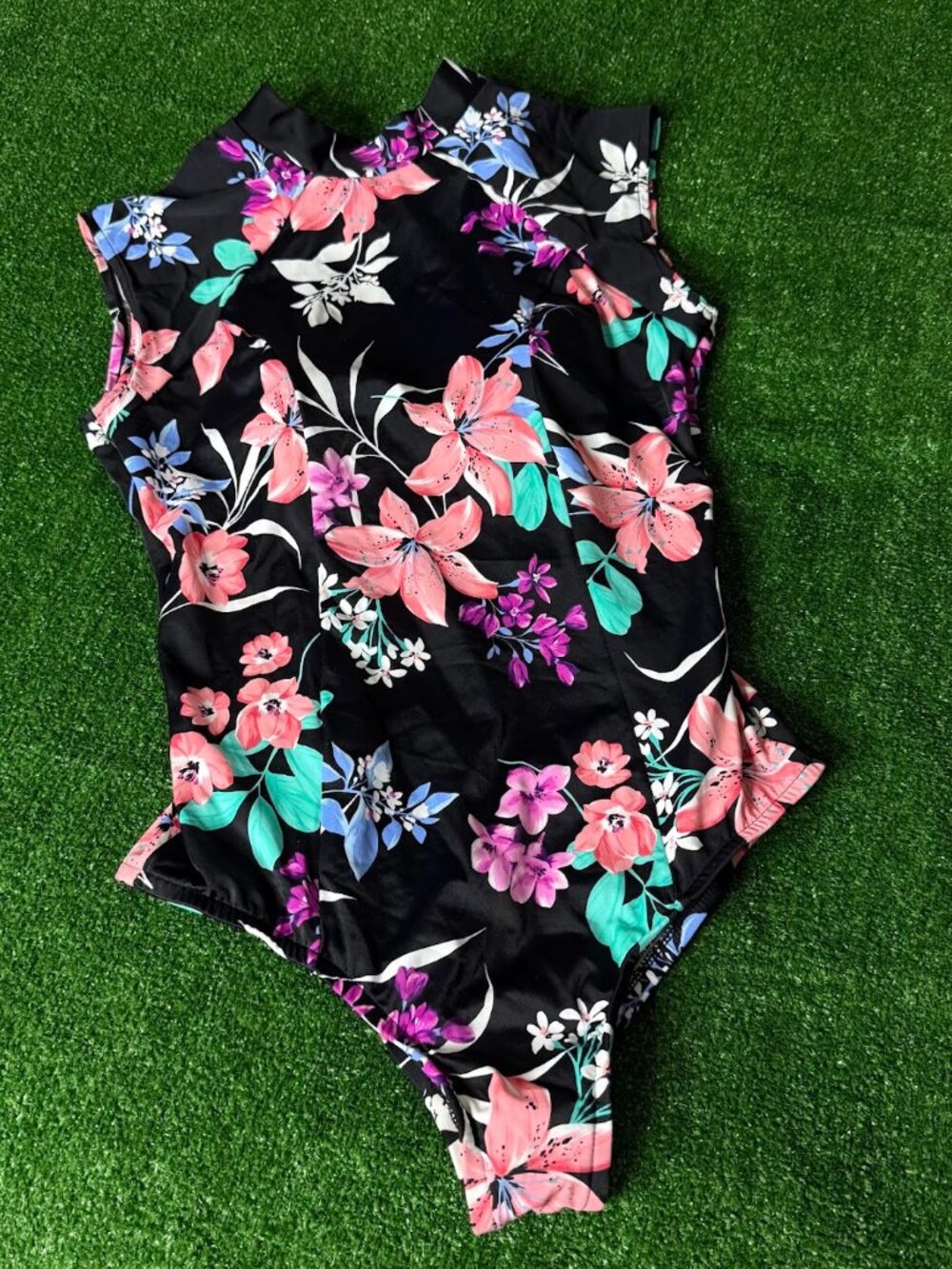 High Neck Floral One Piece Swimsuit Black Multicolor Full Coverage Size M